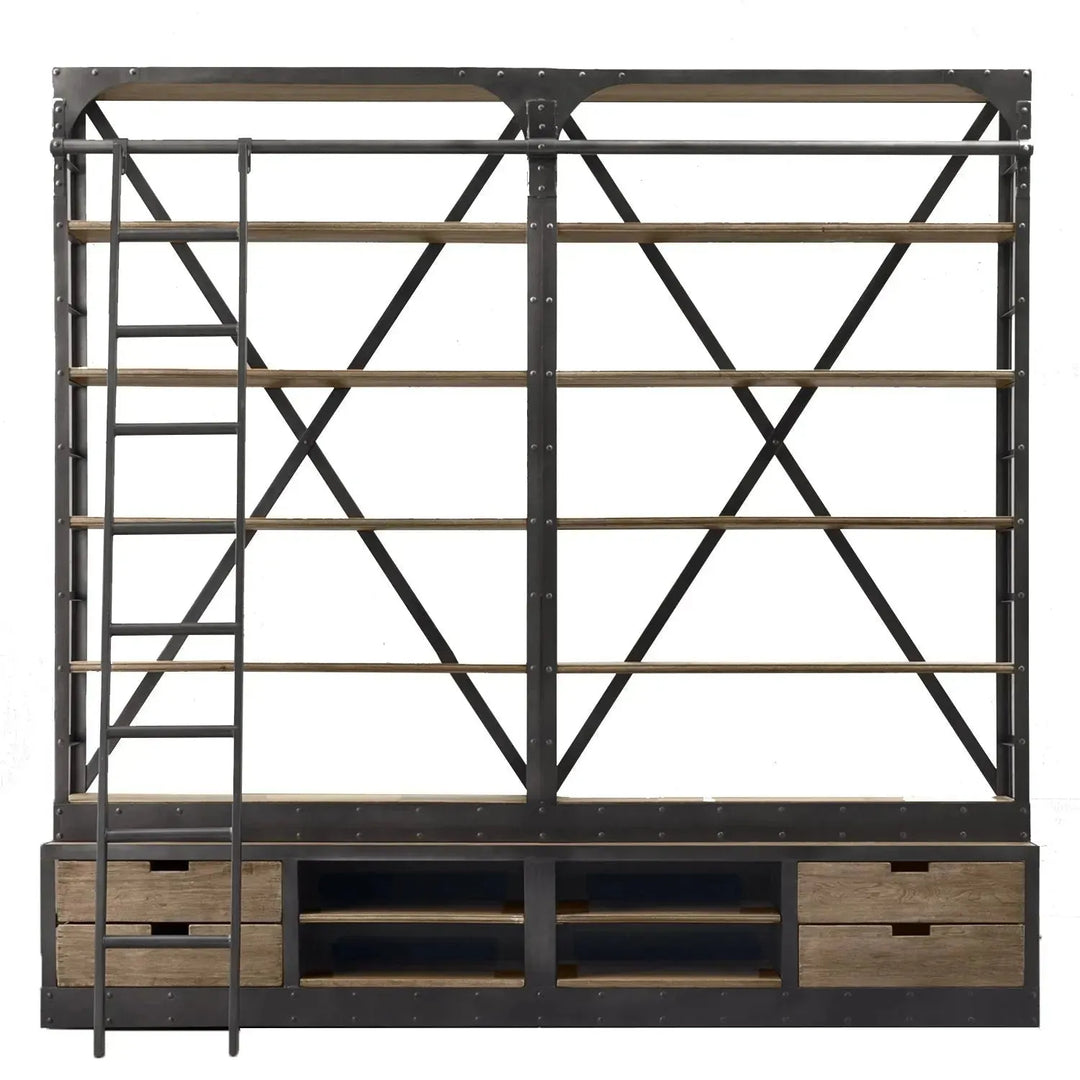 Industrial wood display shelf ladder in white background.