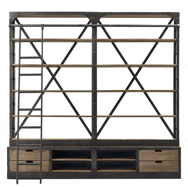 Industrial wood display shelf ladder in white background.