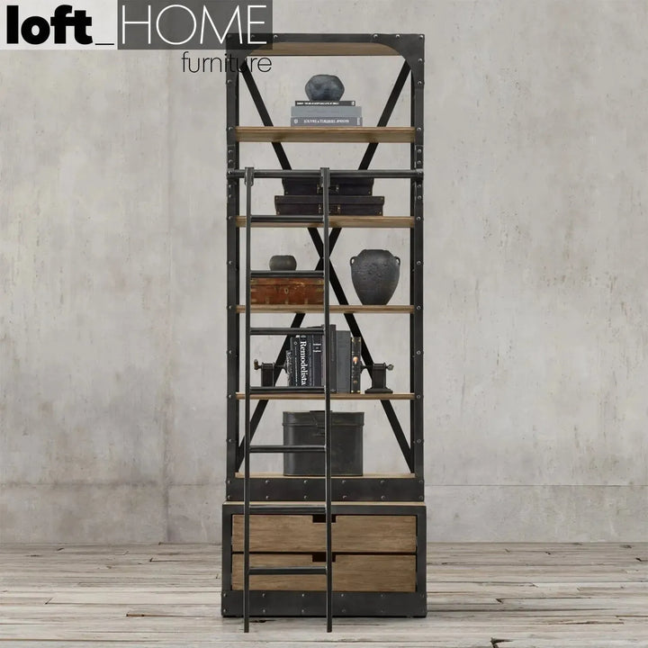 Industrial wood display shelf ladder in close up details.