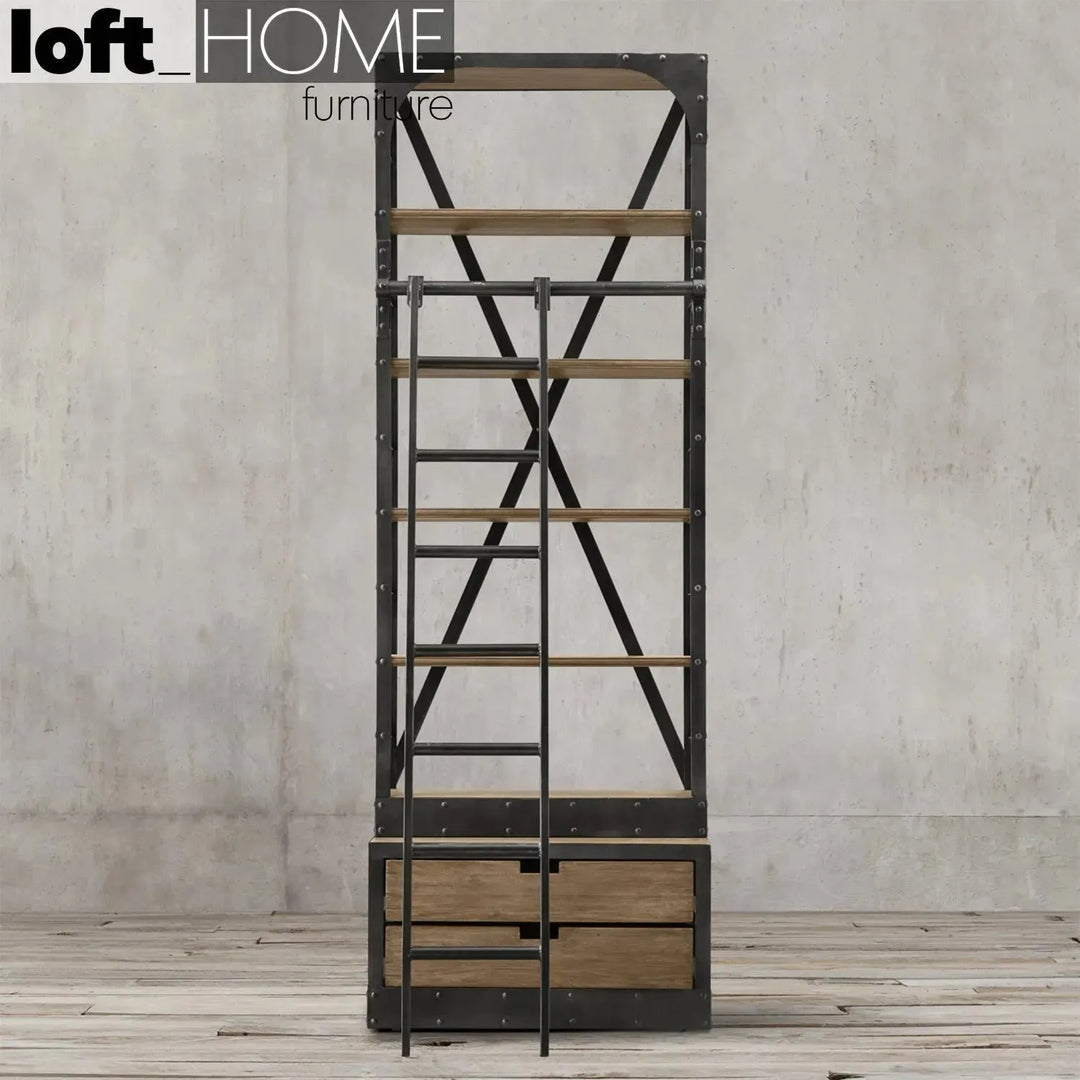 Industrial wood display shelf ladder in panoramic view.