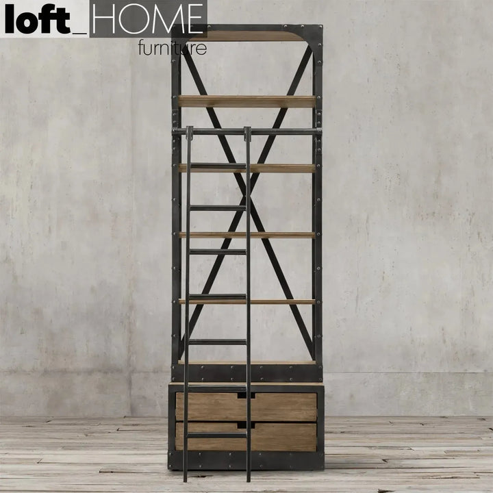 Industrial wood display shelf ladder in panoramic view.