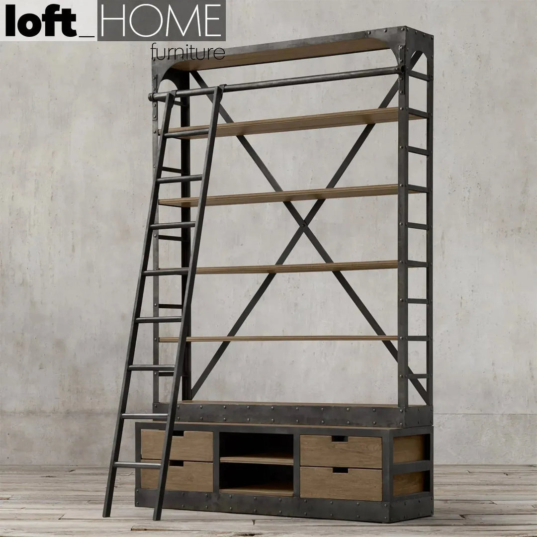 Industrial wood display shelf ladder in details.