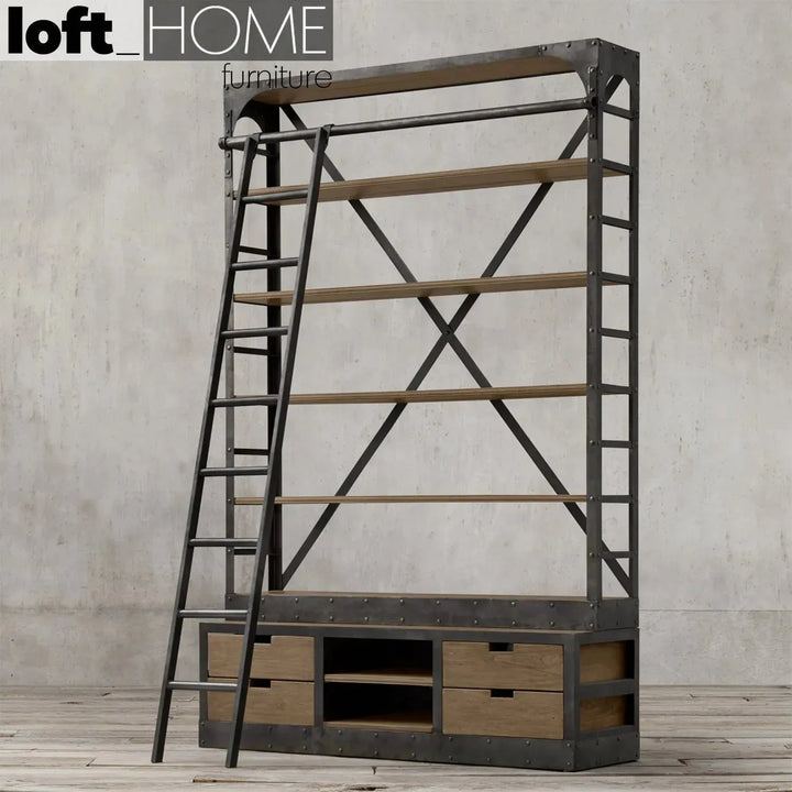 Industrial wood display shelf ladder in details.