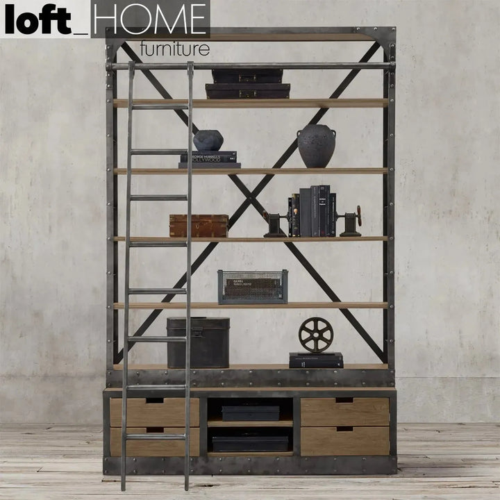 Industrial wood display shelf ladder in real life style.