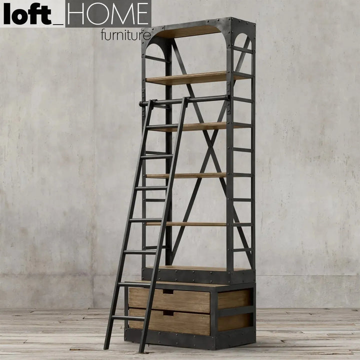 Industrial wood display shelf ladder in still life.