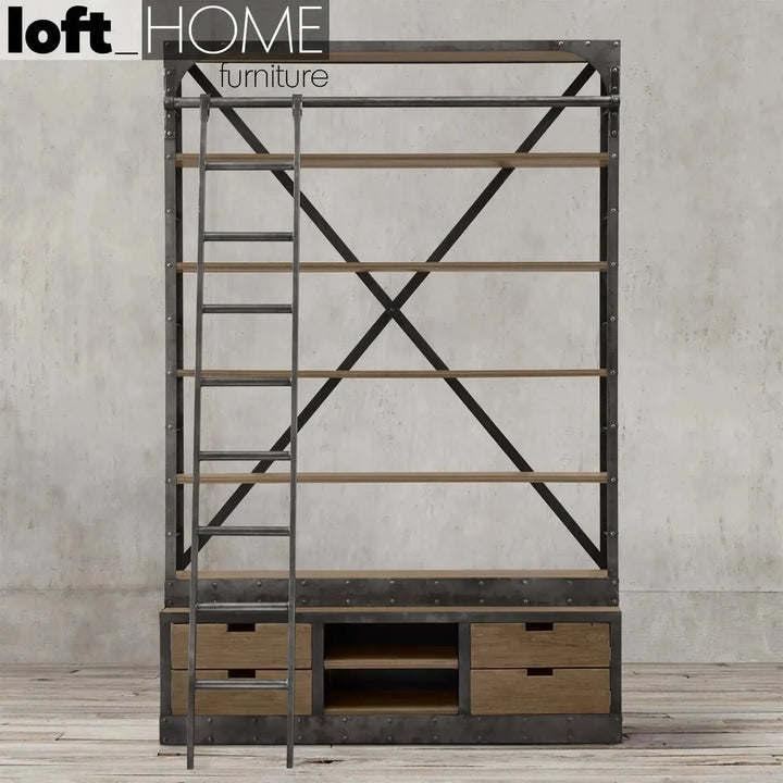 Industrial wood display shelf ladder with context.