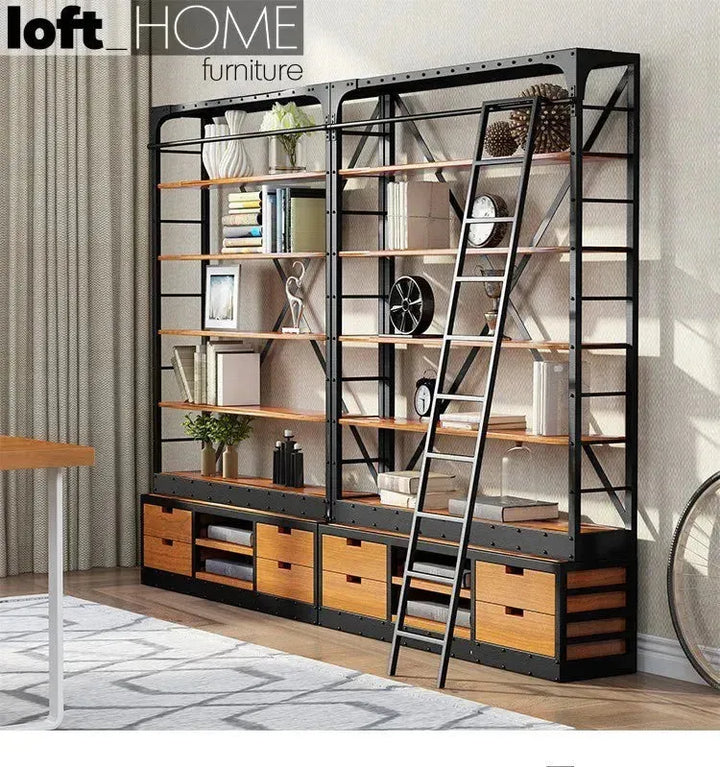 Industrial wood display shelf ladder layered structure.