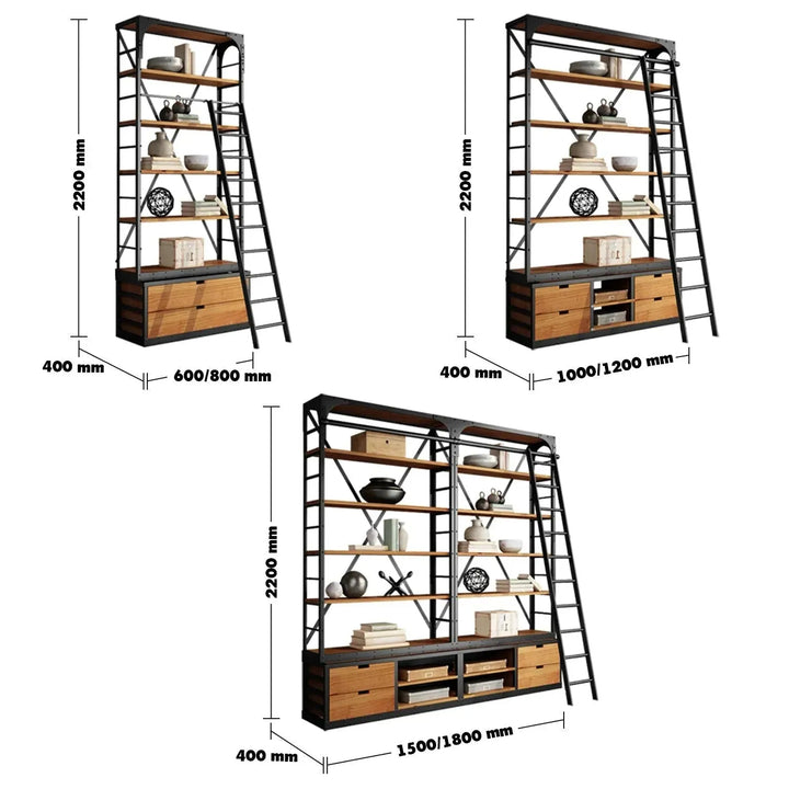 Industrial wood display shelf ladder size charts.