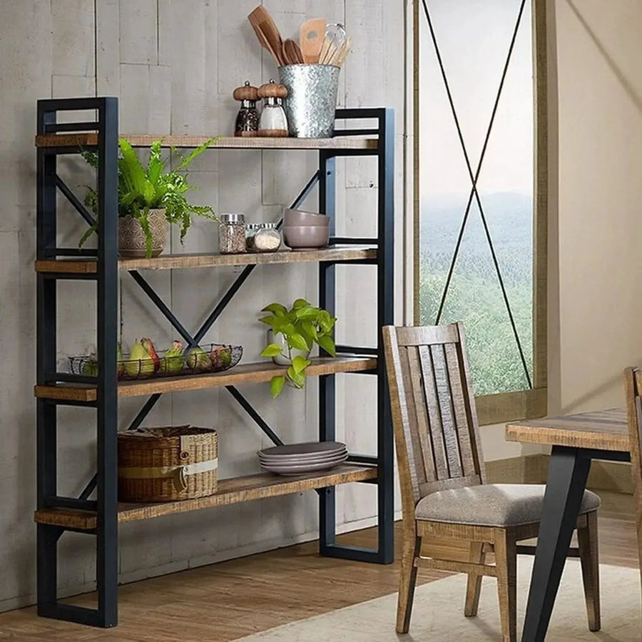 Industrial wood display shelf urban primary product view.