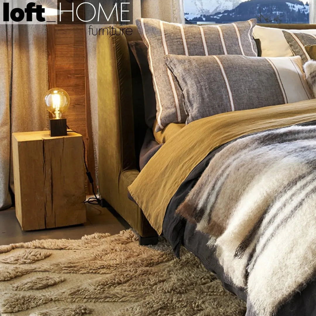 Rustic wood side table root in details.