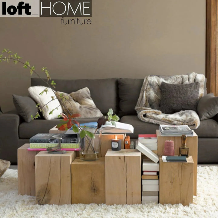 Rustic wood side table root in panoramic view.