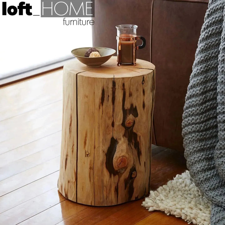 Rustic wood side table stump primary product view.