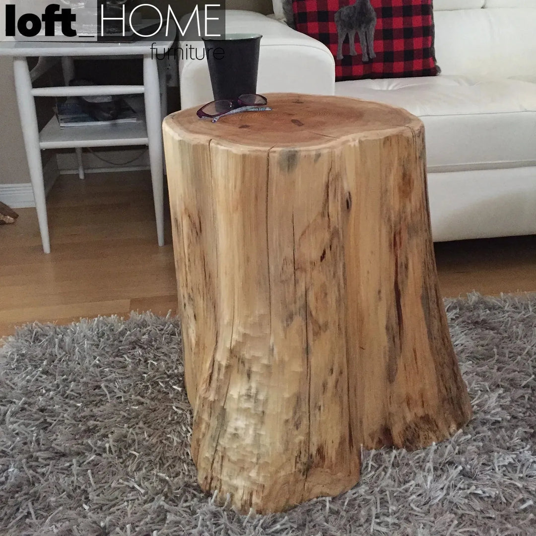 Rustic wood side table stump in real life style.