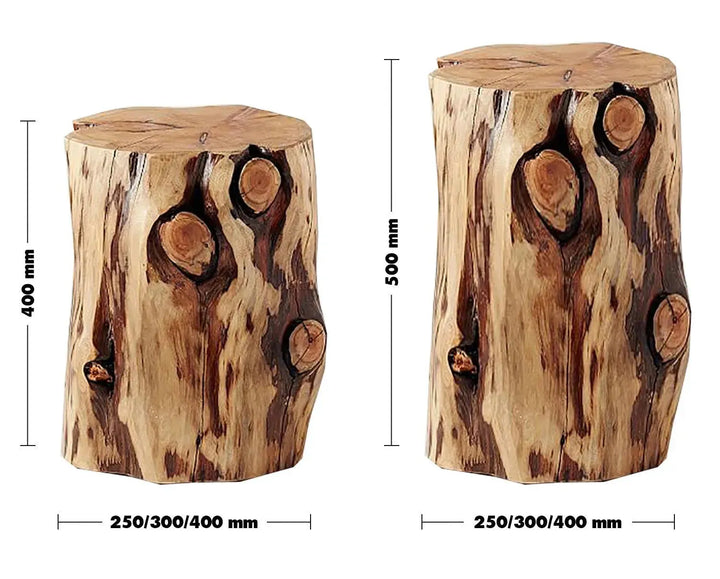 Rustic wood side table stump size charts.