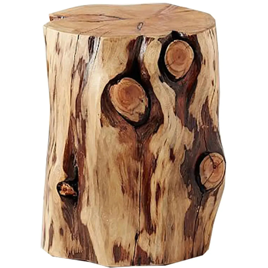 Rustic wood side table stump in white background.