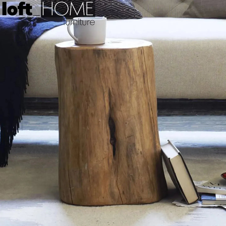 Rustic wood side table stump material variants.