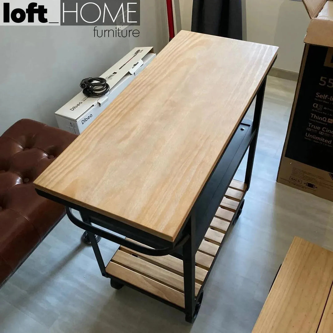 Industrial wood side table trolley detail 1.