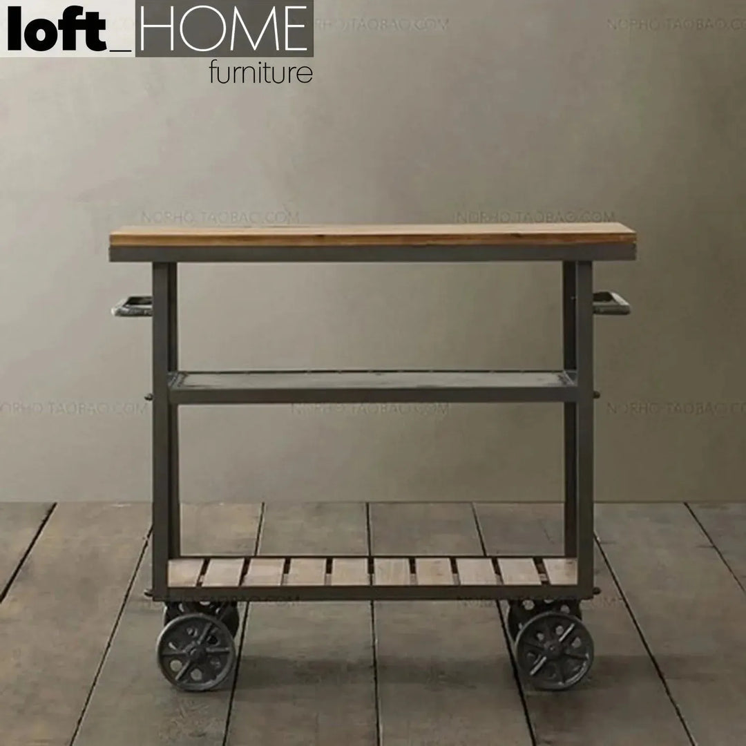 Industrial wood side table trolley with context.