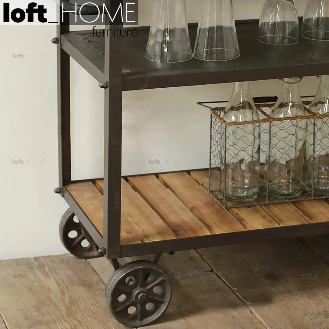 Industrial wood side table trolley material variants.