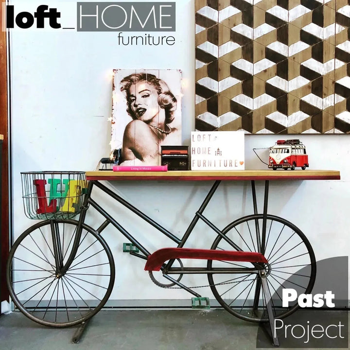 Industrial wood study table bicycle in real life style.