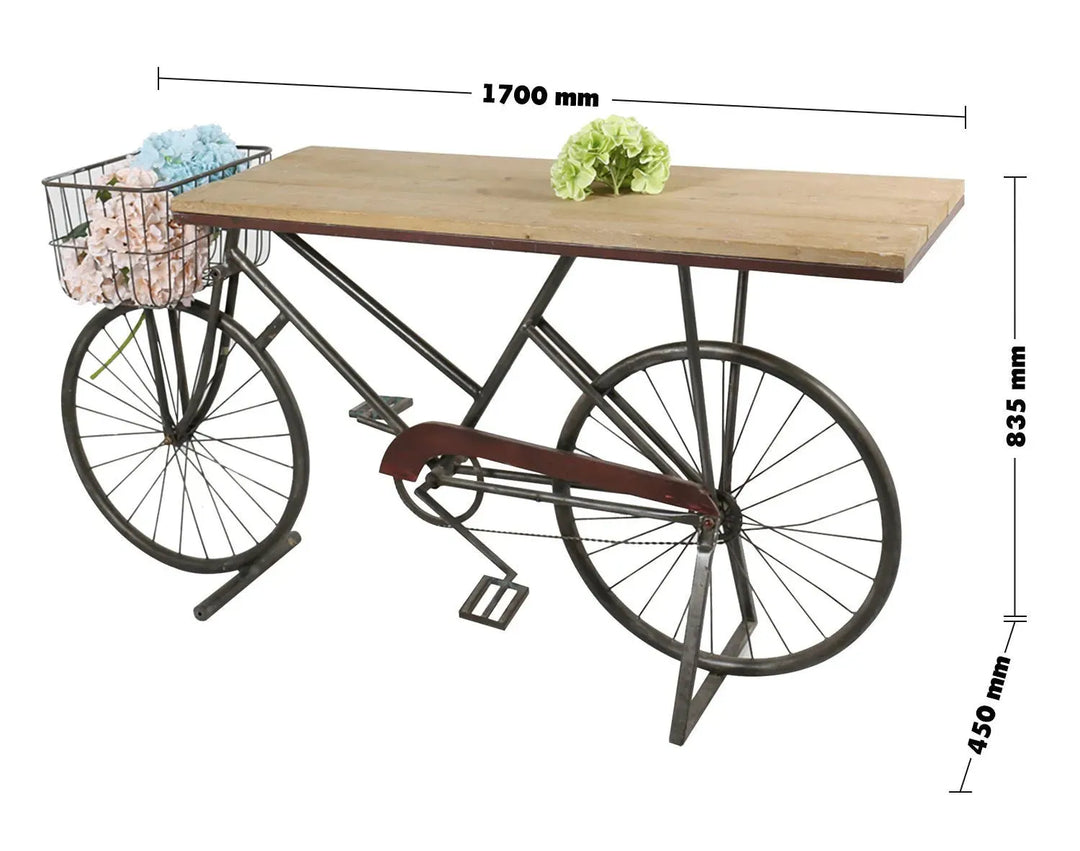 Industrial wood study table bicycle size charts.