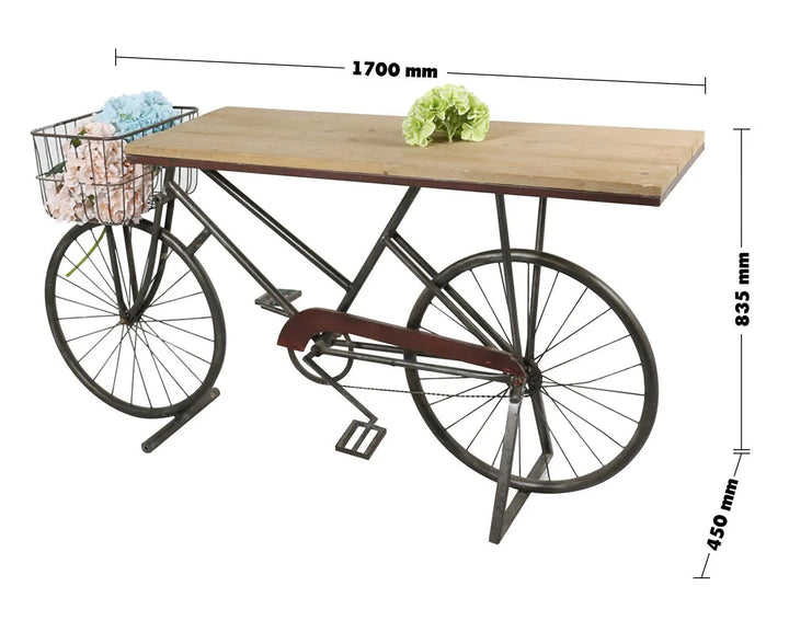Industrial wood study table bicycle size charts.