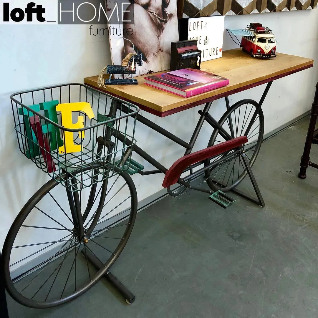 Industrial wood study table bicycle in details.