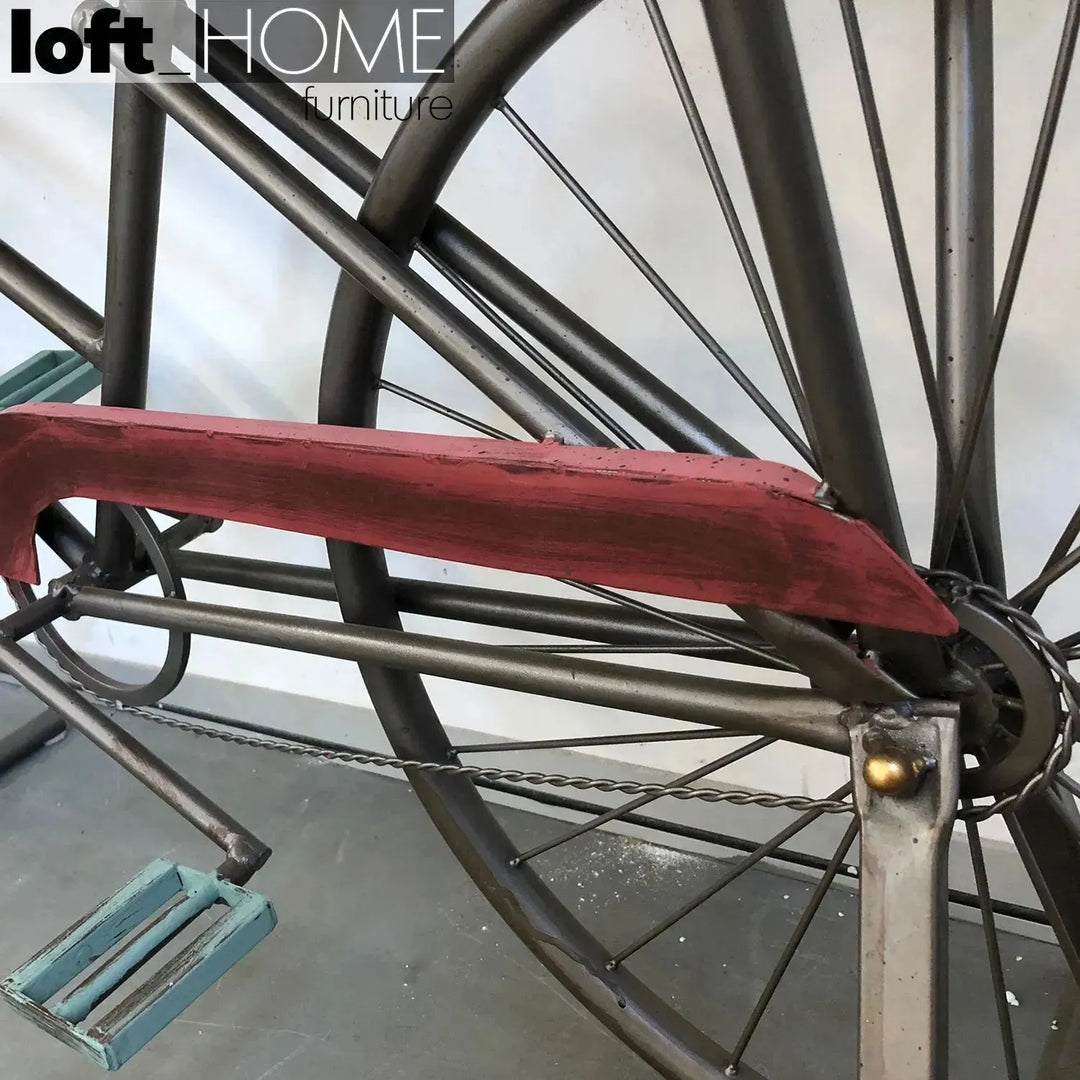 Industrial wood study table bicycle in panoramic view.