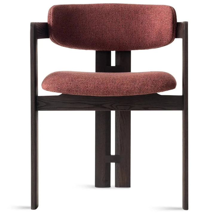 Japandi boucle fabric/leather dining chair semi circle in white background.