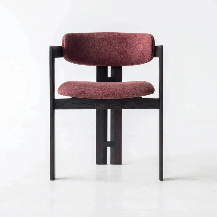 Japandi boucle fabric/leather dining chair semi circle with context.
