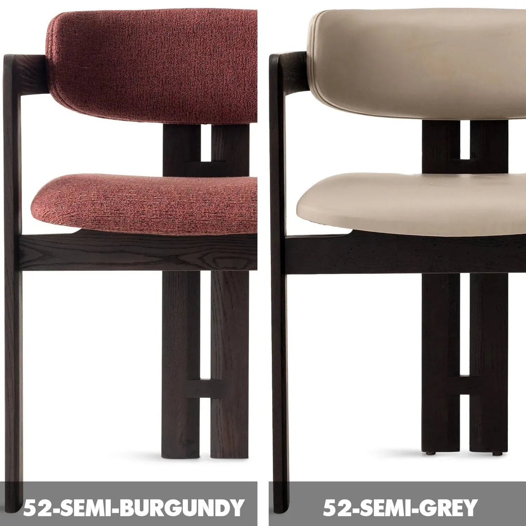 Japandi boucle fabric/leather dining chair semi circle color swatches.