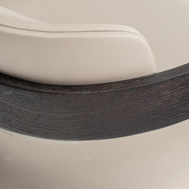 Japandi boucle fabric/leather dining chair semi circle detail 11.