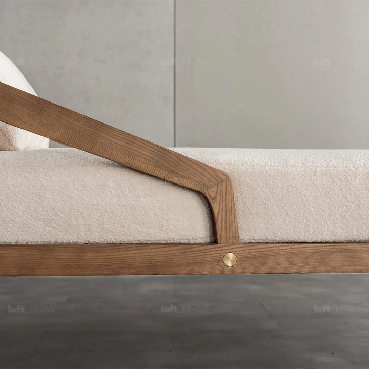 Japandi boucle fabric sofa chaise contemporaty in details.