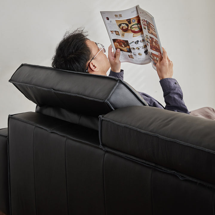 Japandi genuine leather 1 seater sofa river in close up details.