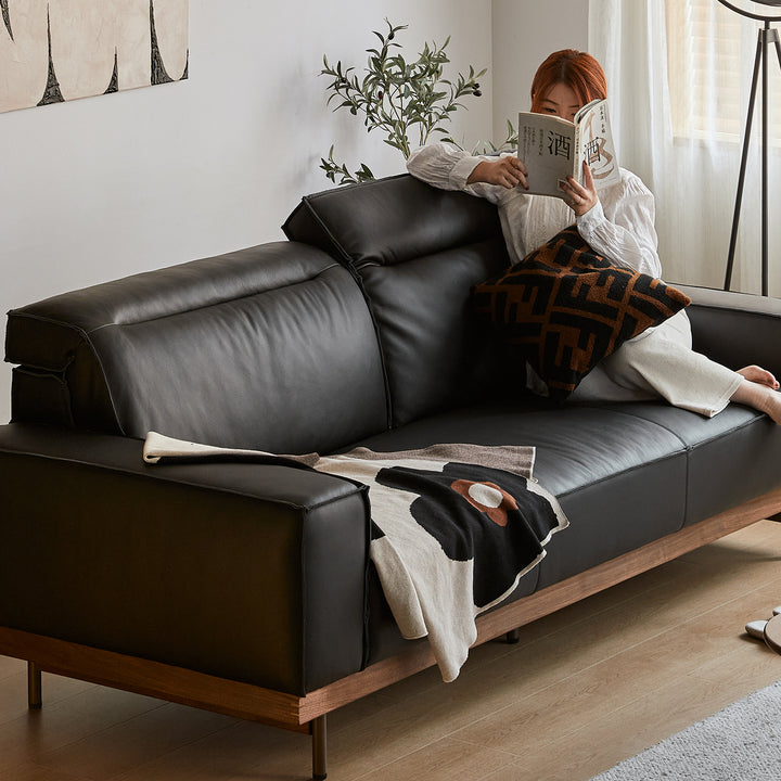 Japandi genuine leather 3 seater sofa river material variants.