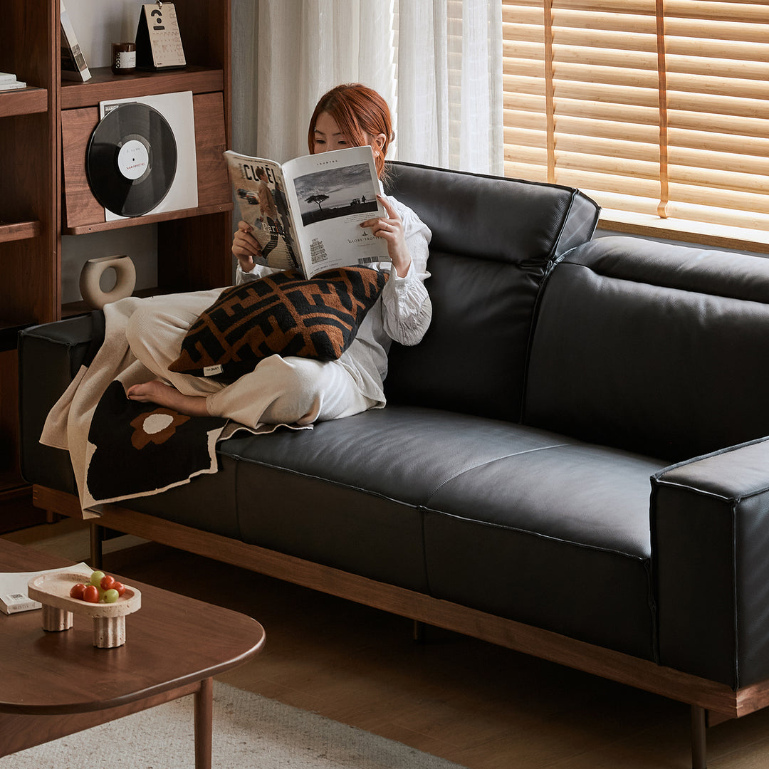 Japandi genuine leather 3 seater sofa river in close up details.