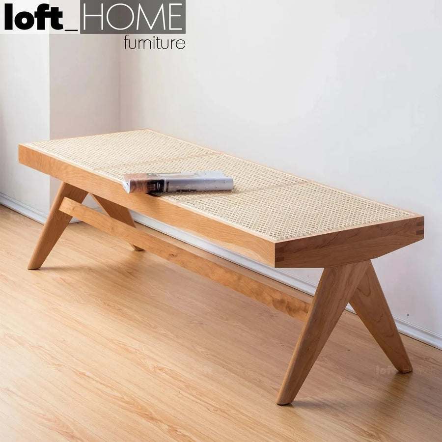 Scandinavian rattan dining bench jeanneret primary product view.