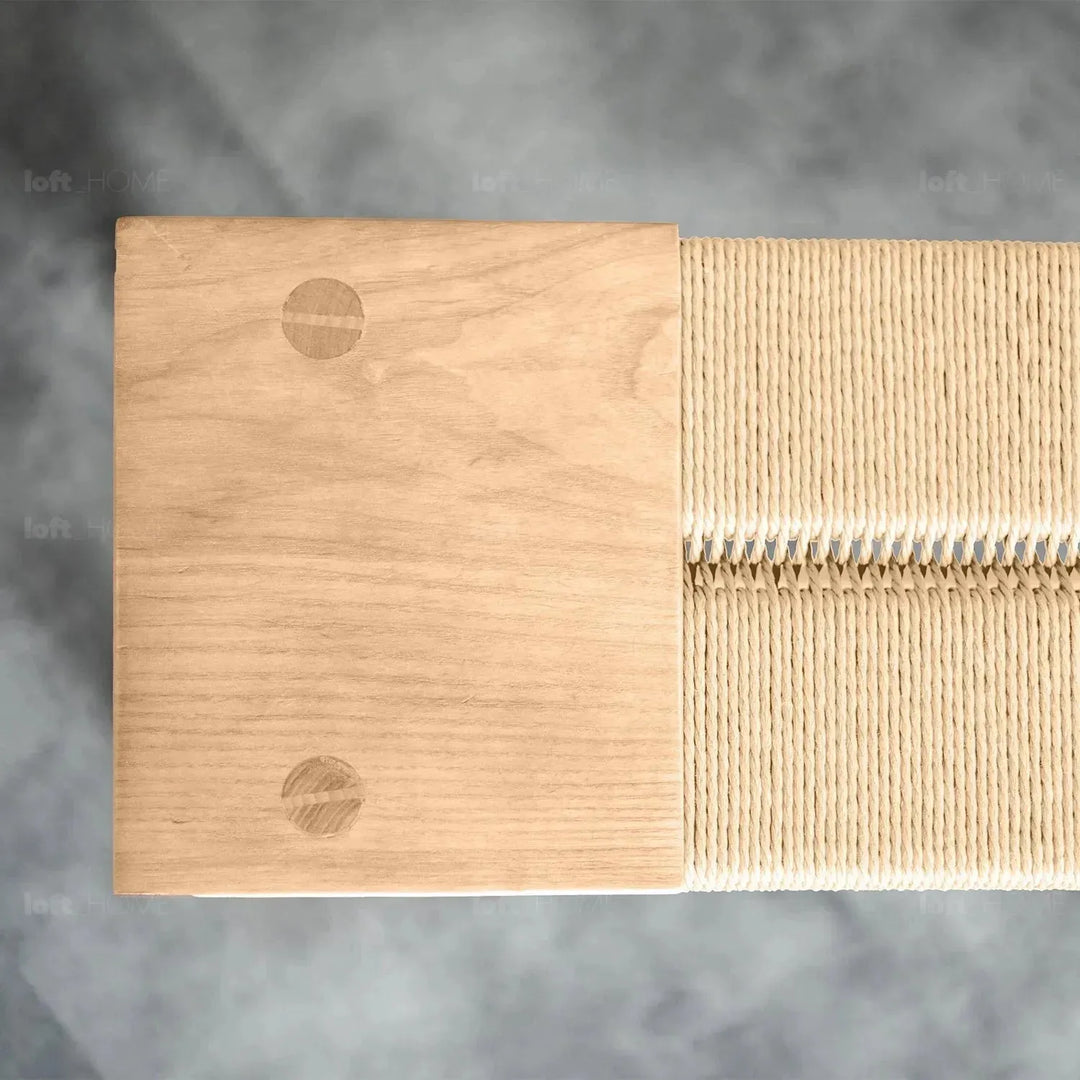 Japandi wood woven rope dining bench woven in close up details.