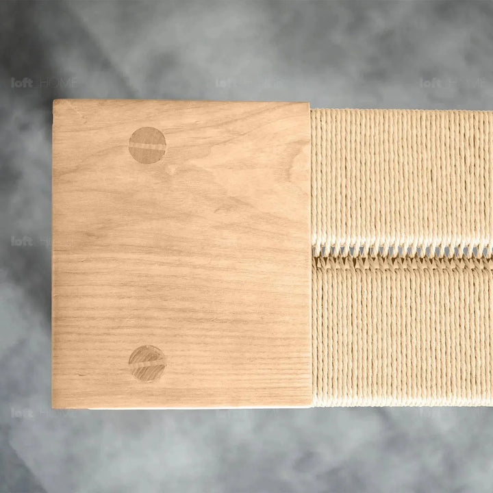 Japandi wood woven rope dining bench woven in close up details.