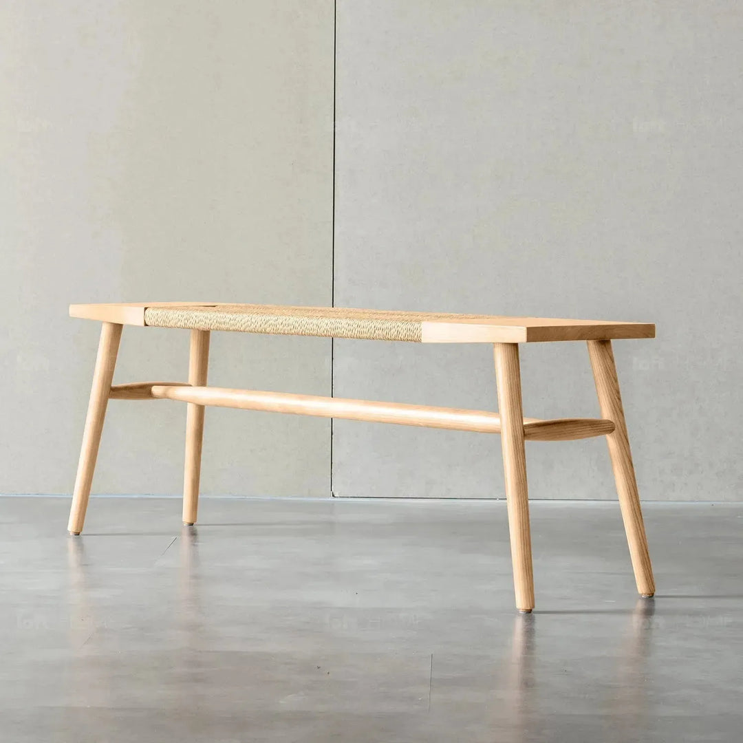 Japandi wood woven rope dining bench woven with context.