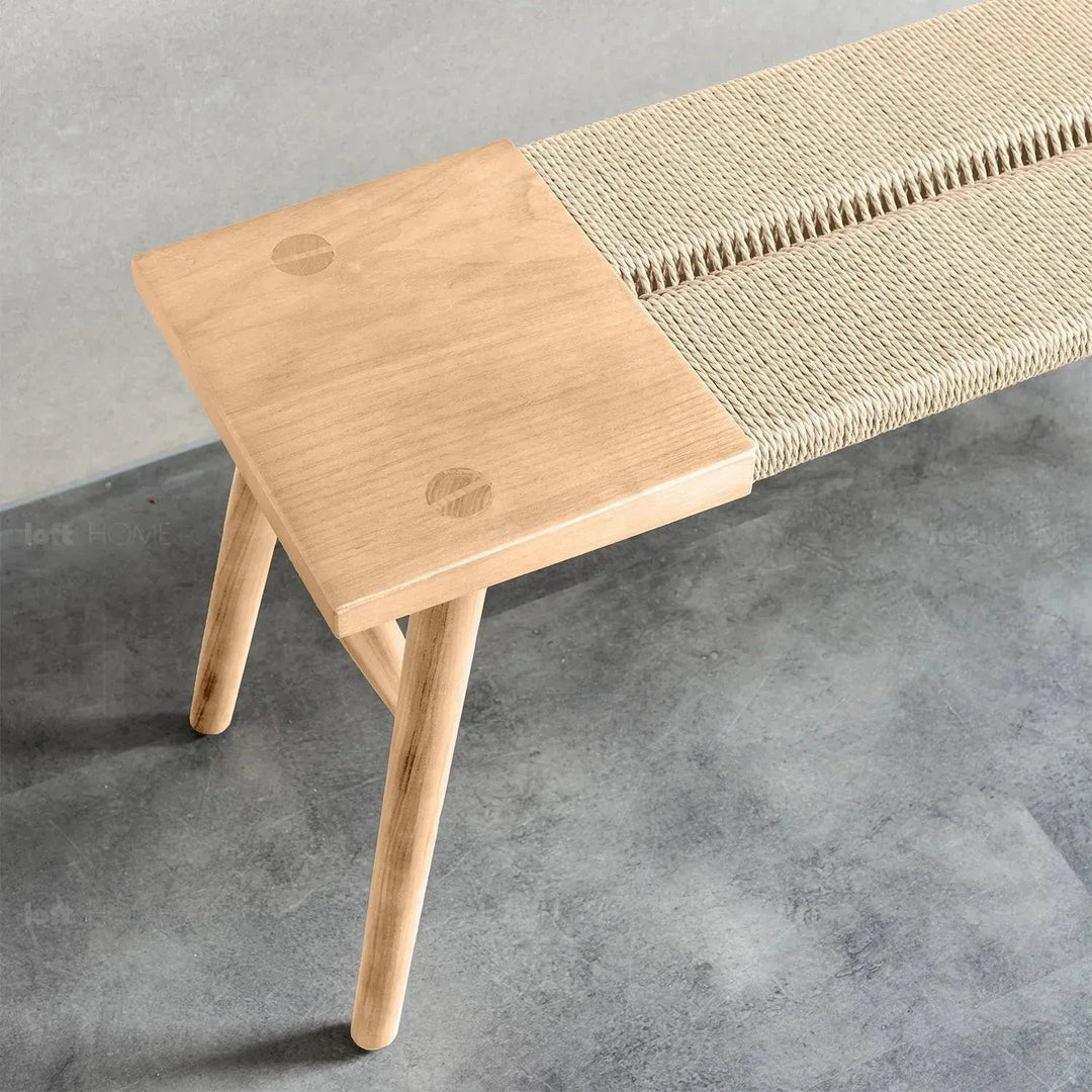 Japandi wood woven rope dining bench woven in panoramic view.