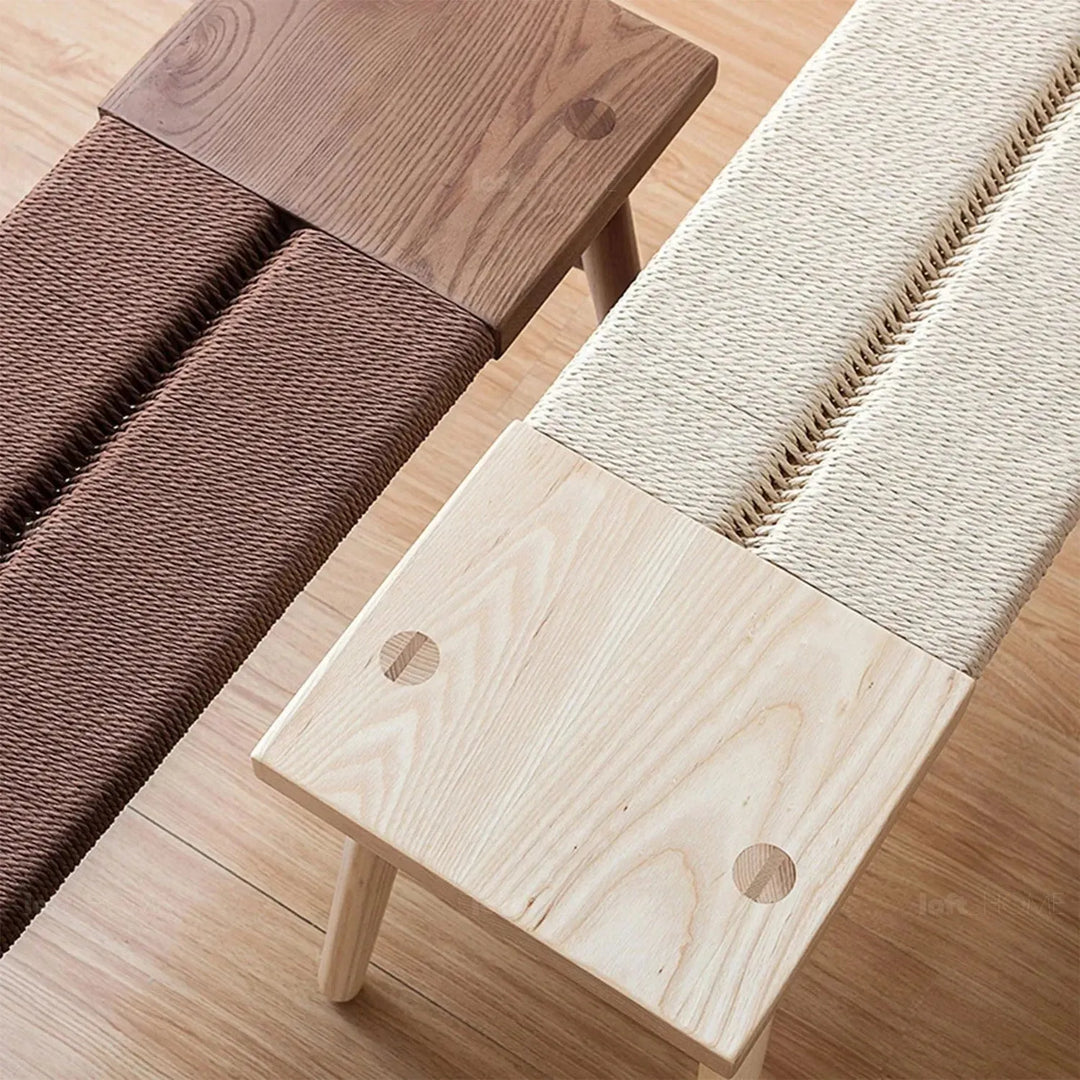 Japandi wood woven rope dining bench woven in real life style.