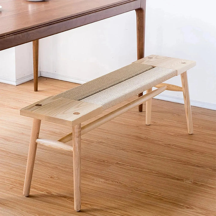 Japandi wood woven rope dining bench woven primary product view.