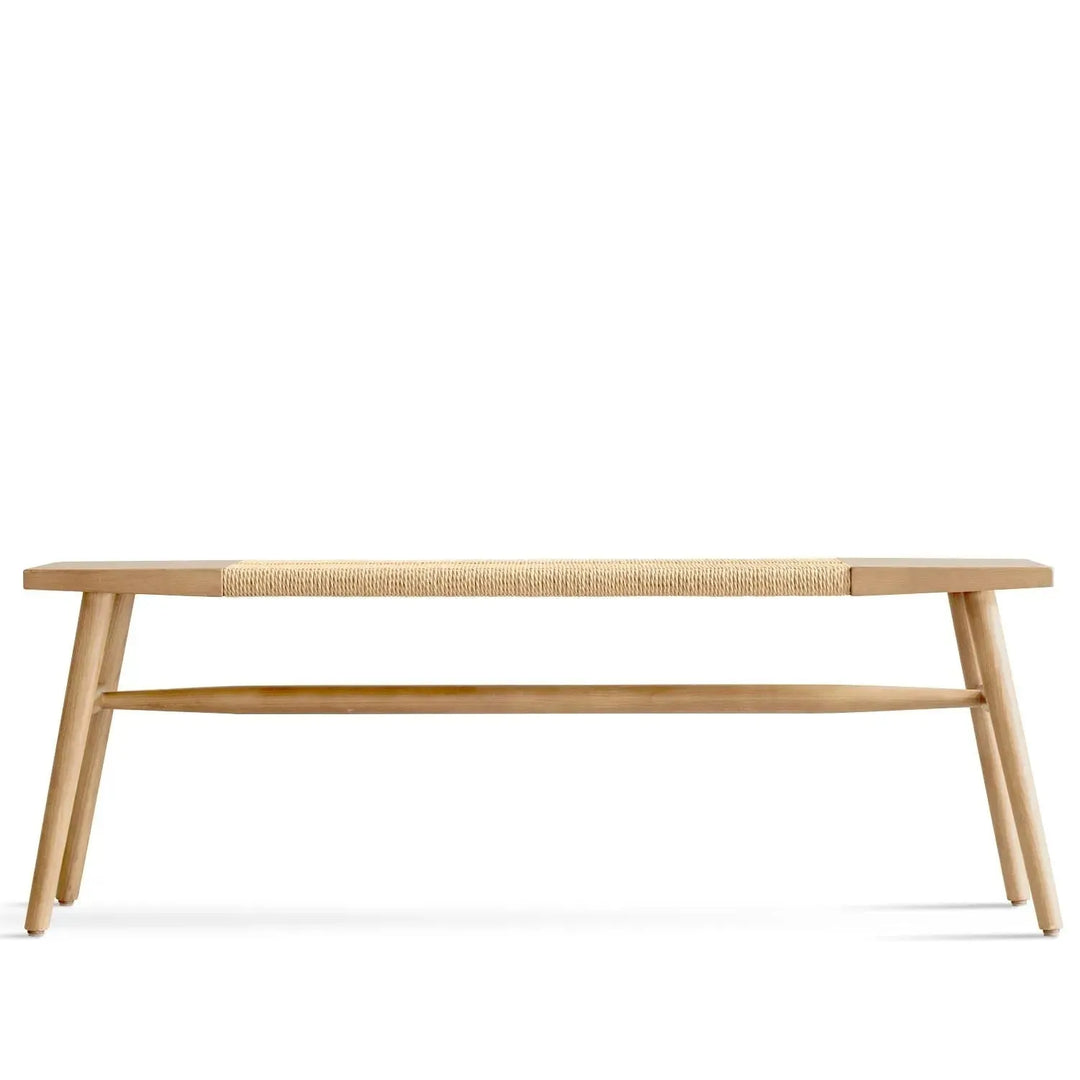 Japandi wood woven rope dining bench woven in white background.