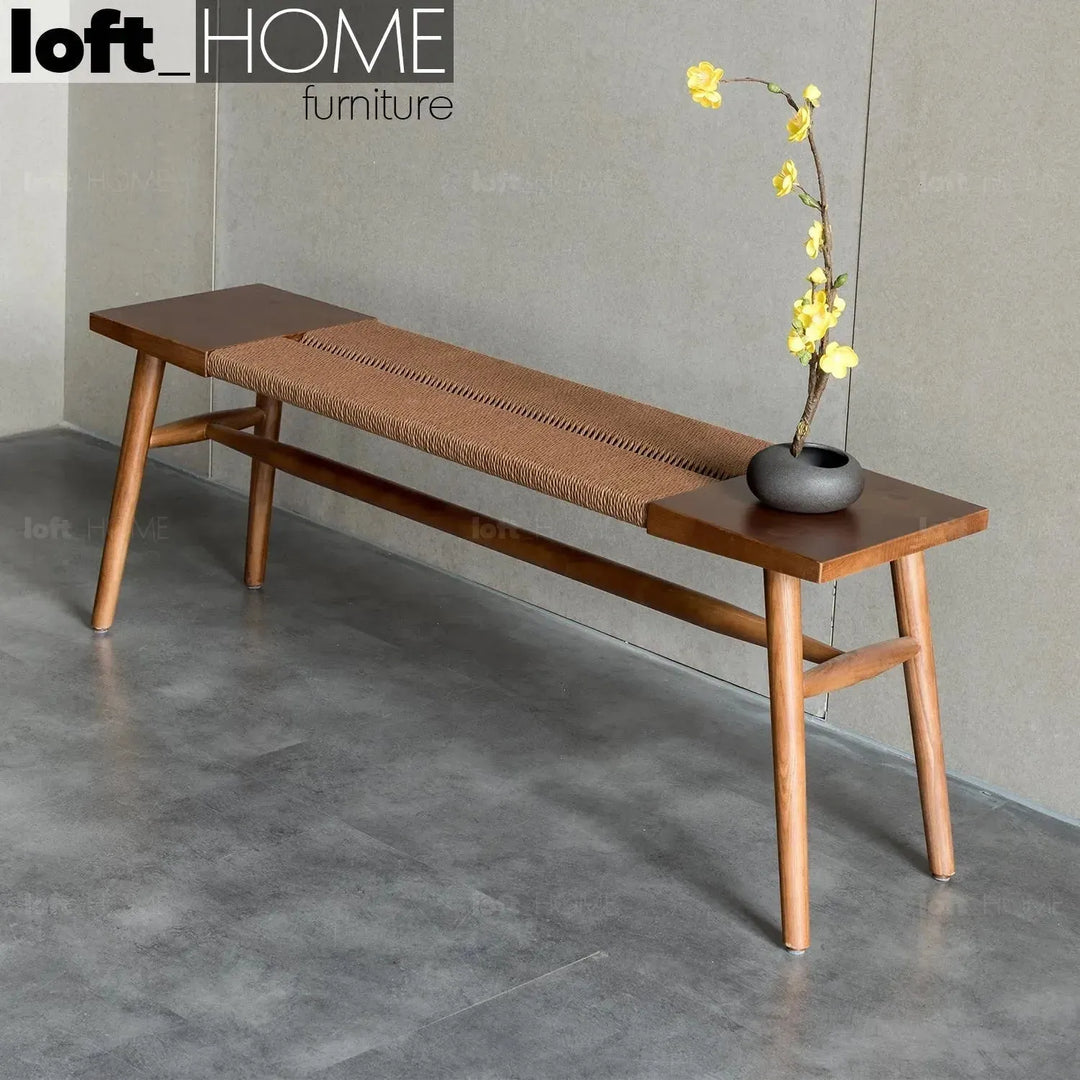 Japandi wood woven rope dining bench woven conceptual design.