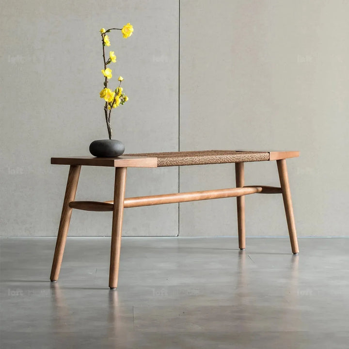 Japandi wood woven rope dining bench woven layered structure.