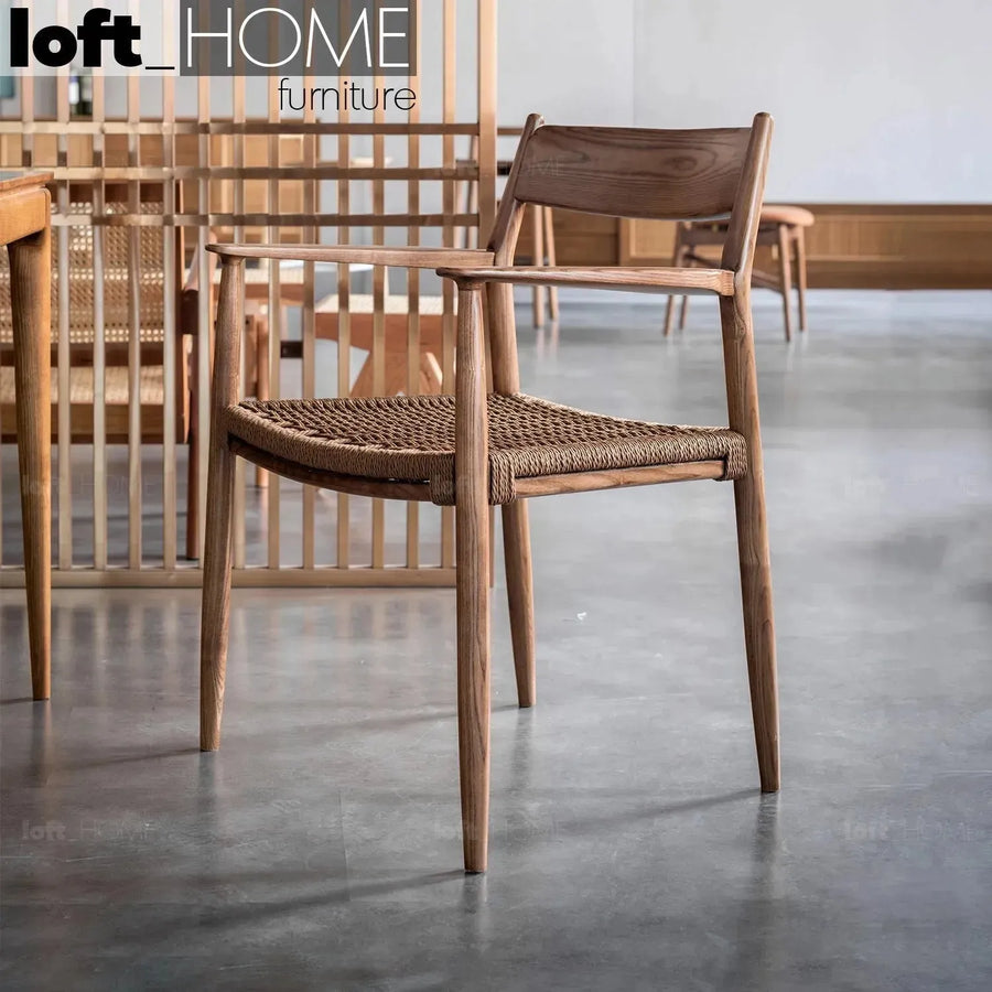 Japandi wood woven rope dining chair aikin primary product view.