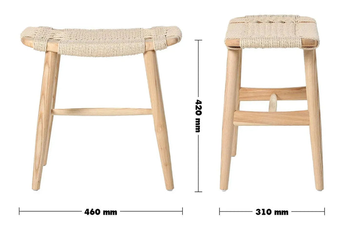 Japandi wood woven rope dining stool woven size charts.