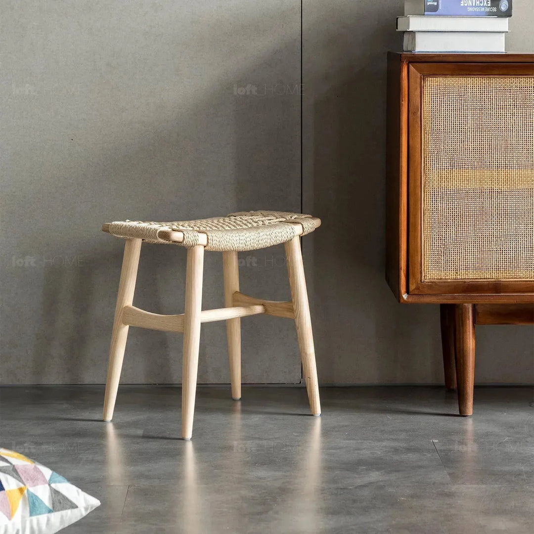 Japandi wood woven rope dining stool woven situational feels.