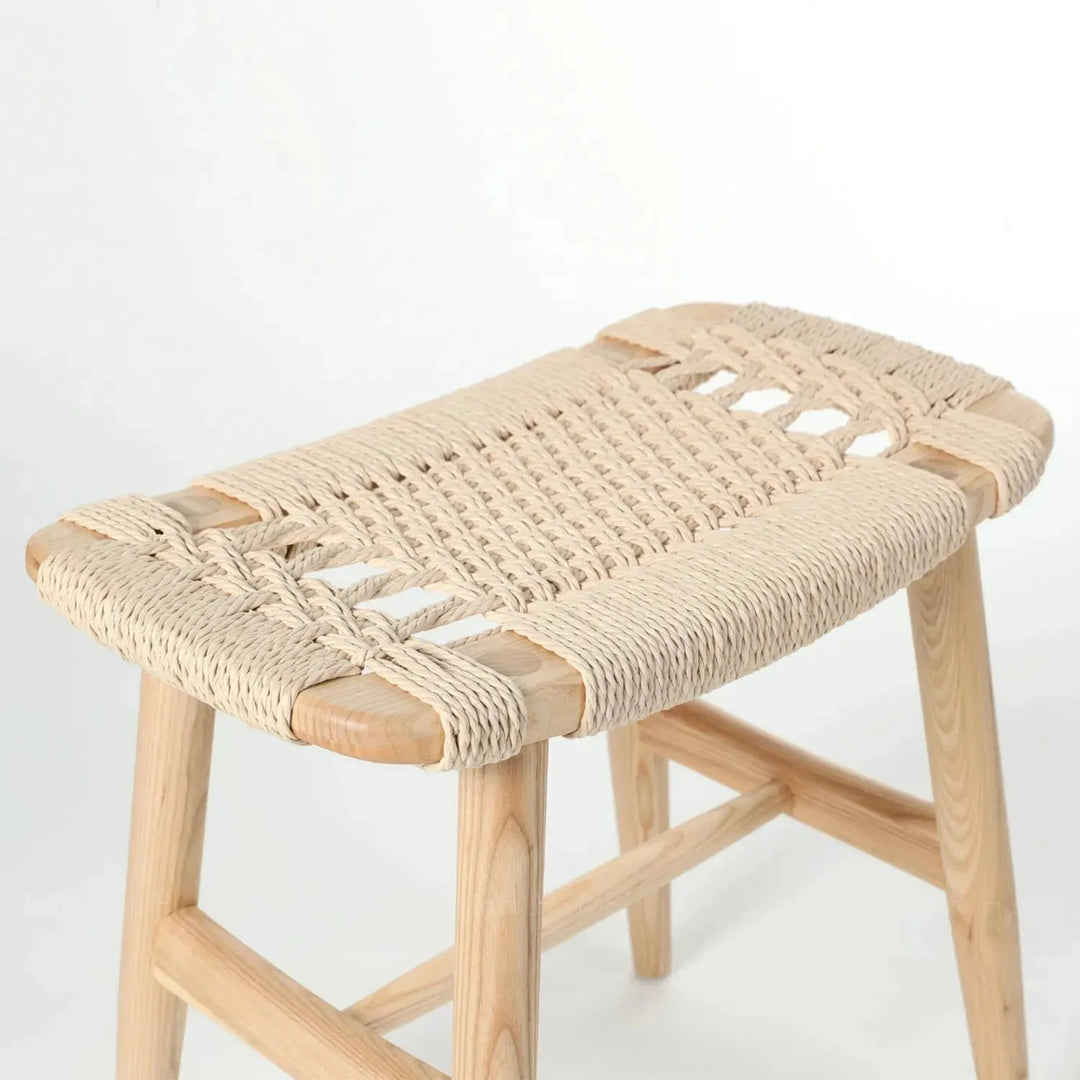Japandi wood woven rope dining stool woven in close up details.